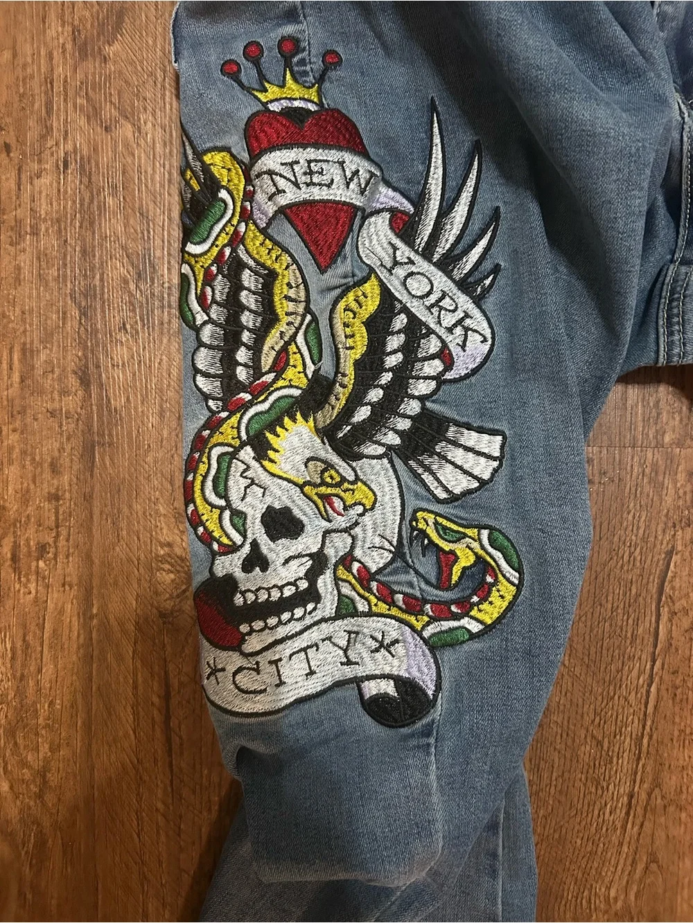 Ed Hardy NYC Eagle Skull Snake Jeans Size 34 Y2K Embroidered Flare Tattoo Denim